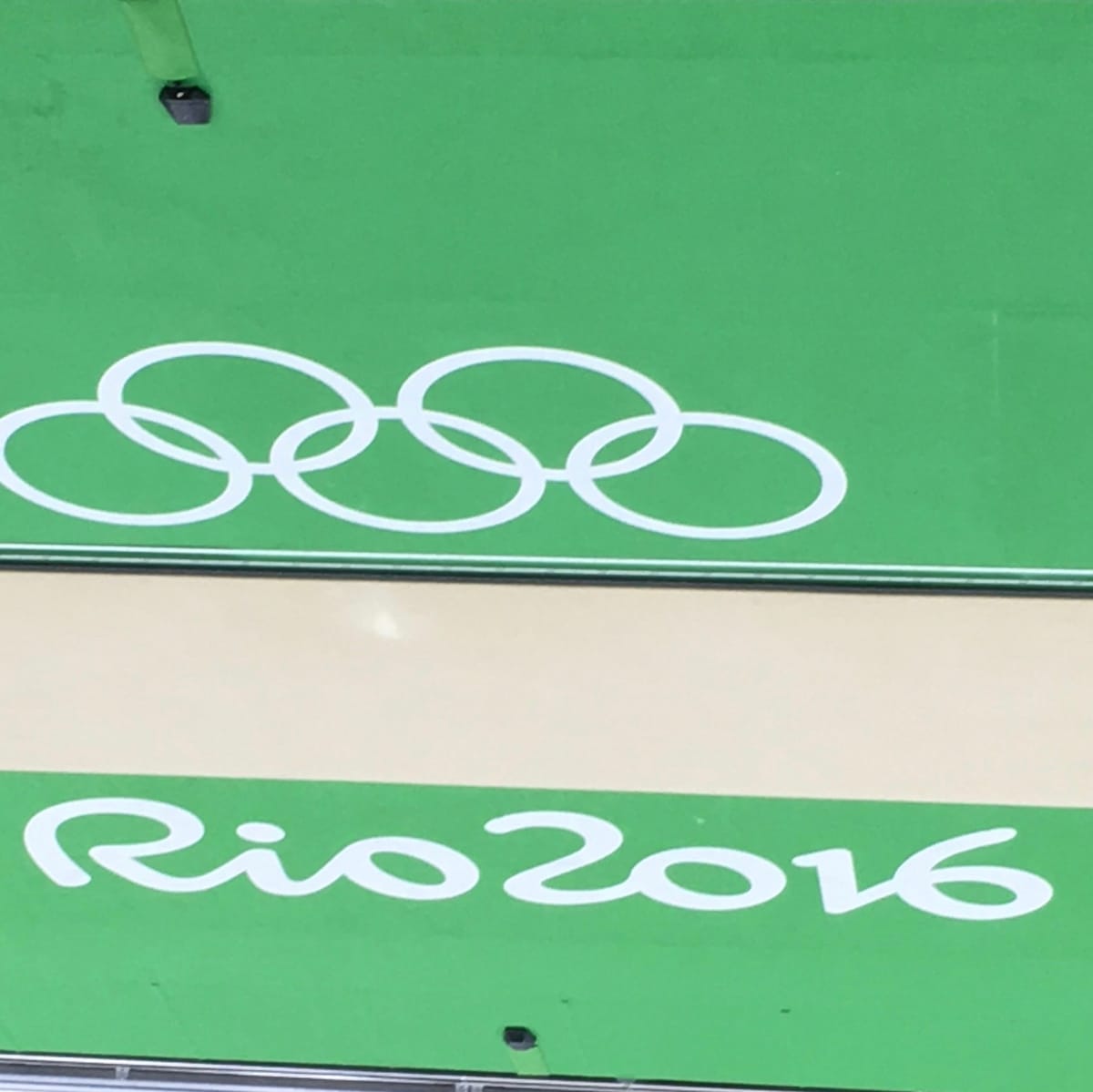 The Olympic rings and the Rio 2016 wordmark painted in white on the green side of a piece of competition apparatus.