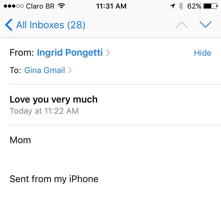A phone screenshot of an email from Ingrid Pongetti to Gina, subject line Love you very much, signed Mom.