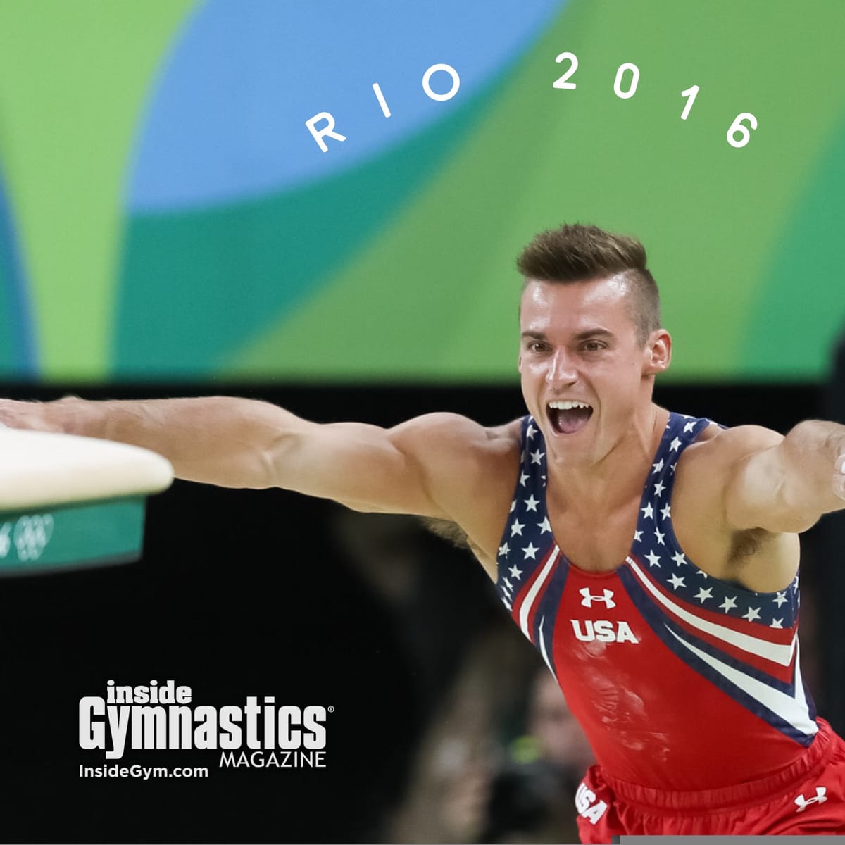 An Inside Gymnastics RIO 2016 graphic of a US men's gymnast roaring with both arms flung wide after landing a vault.