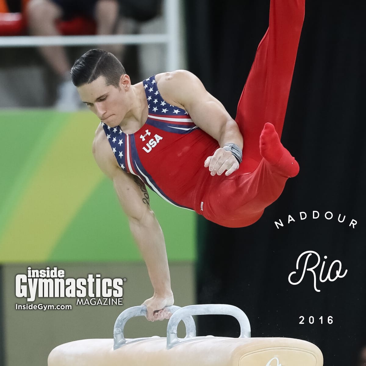 An Inside Gymnastics graphic captioned NADDOUR Rio 2016, showing Alex Naddour mid-circle on the pommel horse.