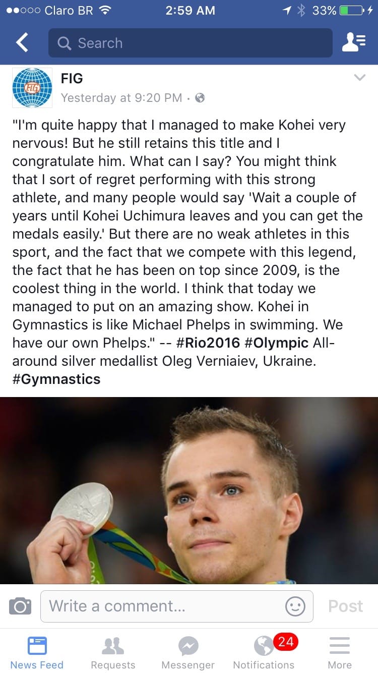 A phone screenshot of a Facebook post by the FIG quoting Oleg Verniaiev on competing against Kohei Uchimura, with a photo of Verniaiev holding up his silver medal.