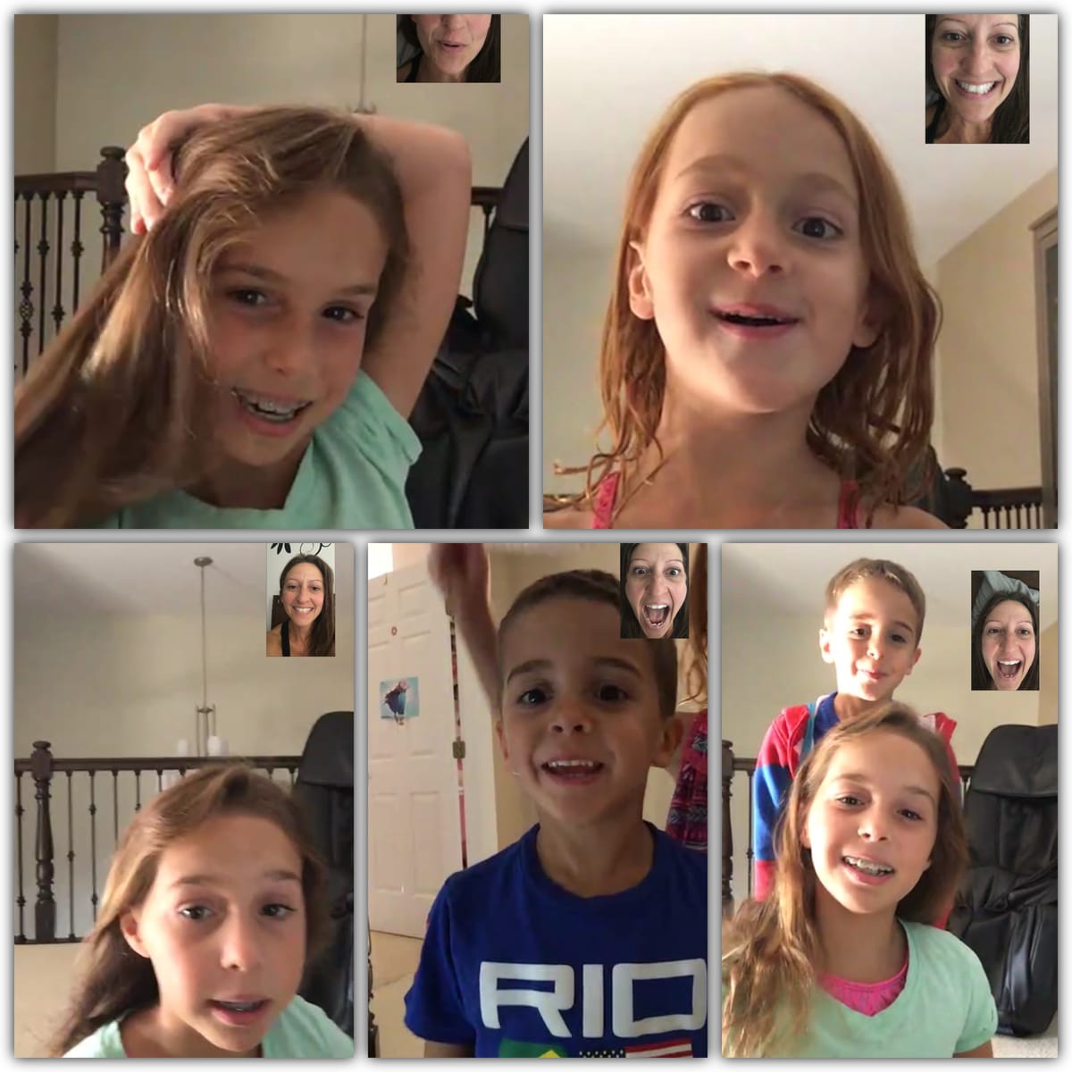 A collage of five FaceTime screenshots with Gina's children at home, one of them wearing a blue RIO t-shirt.