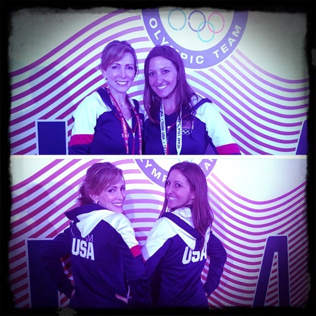 A two-panel photo of Gina Pongetti Angeletti and a friend in Team USA jackets in front of a United States Olympic Team backdrop.