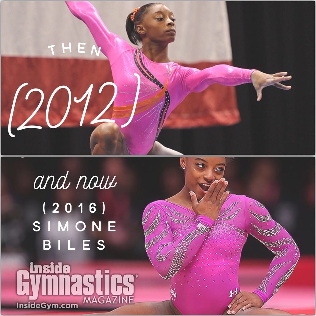 An Inside Gymnastics then-and-now graphic of Simone Biles, on floor in 2012 above and in 2016 below.