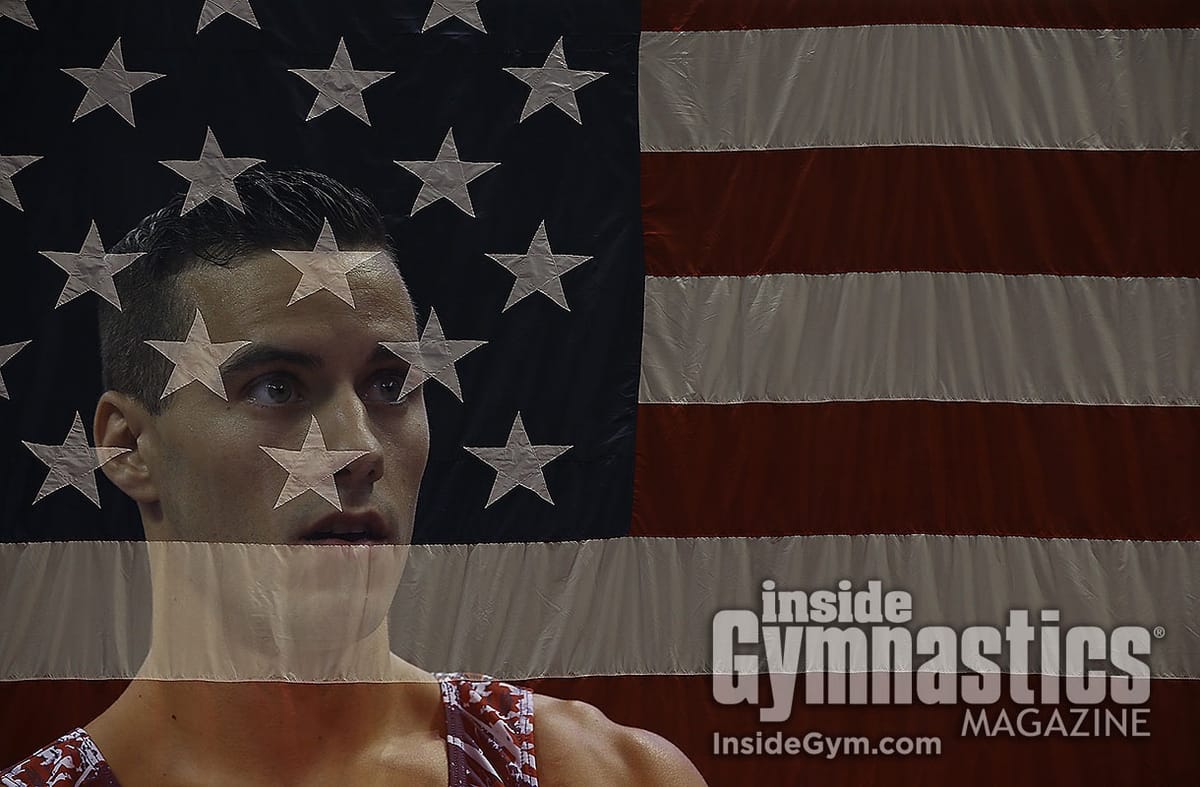 An Inside Gymnastics image of a US men's gymnast in profile with the stars and stripes superimposed across the frame.